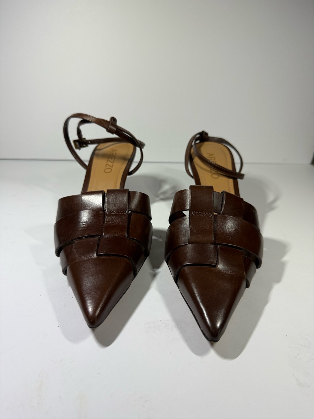 Arezzo Women's Brown Woven Pointed-Toe Ankle Strap Flats